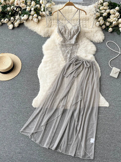 SINGREINY Lace Sensual Erotic Two Pieces Suits Camis Short Bodysuits Tops+Midi Long Mesh Chiffon Skirts Women Underwear Sets
