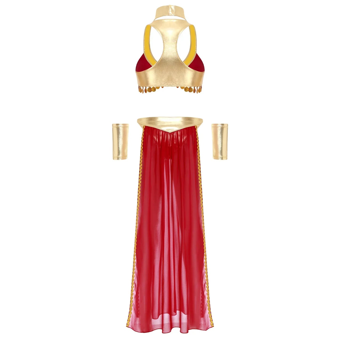 Women Halloween Cleopatra Ancient Egyptian Queen Sun Goddesses Cosplay Costume Crop Top with Skirt Choker Cuffs Belly Dance Set