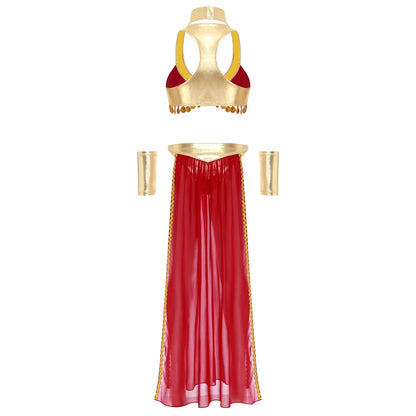 Women Halloween Cleopatra Ancient Egyptian Queen Sun Goddesses Cosplay Costume Crop Top with Skirt Choker Cuffs Belly Dance Set