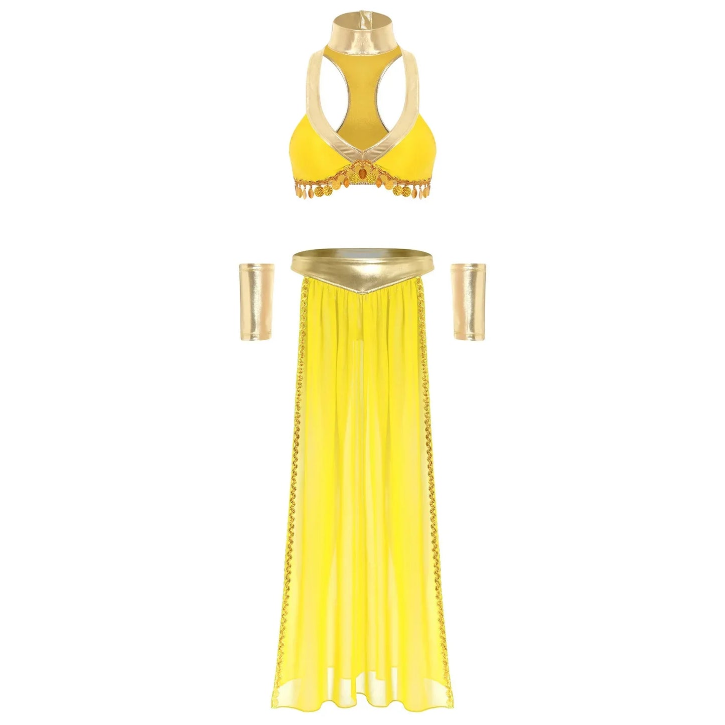 Women Halloween Cleopatra Ancient Egyptian Queen Sun Goddesses Cosplay Costume Crop Top with Skirt Choker Cuffs Belly Dance Set