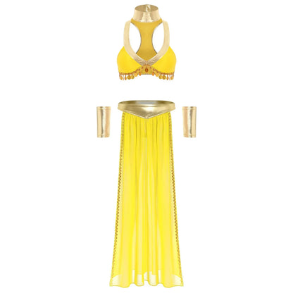 Women Halloween Cleopatra Ancient Egyptian Queen Sun Goddesses Cosplay Costume Crop Top with Skirt Choker Cuffs Belly Dance Set