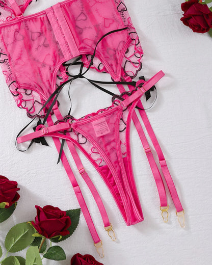 Mesh Erotic Women's Lingerie Set Lace See Through Sexy Heart Shape Embroidery Underwear and Thong Porn three-piece Set