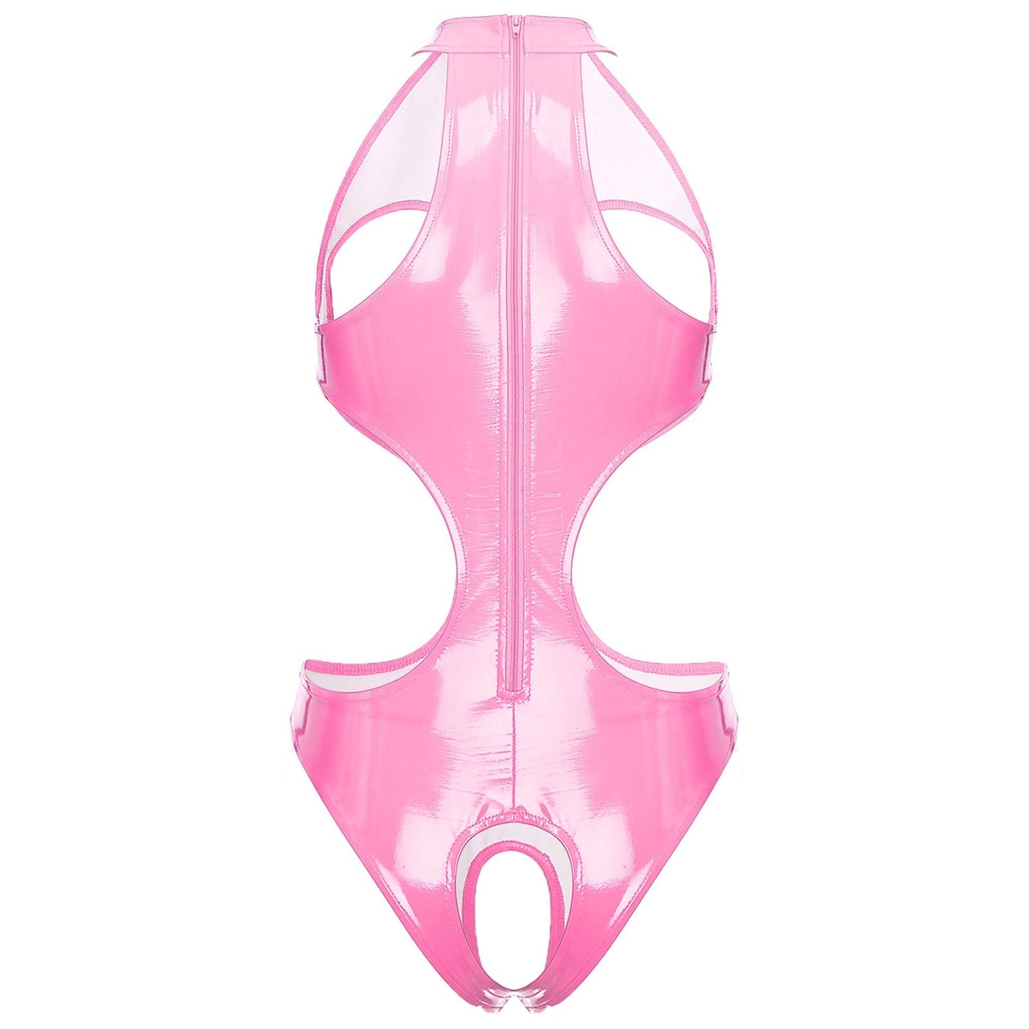 Womens Wet Look Faux Leather Hollow Out Open Breast Leotard Bodysuit Halter Neck Crotchless Jumpsuit Lingerie Teddy Nightwear