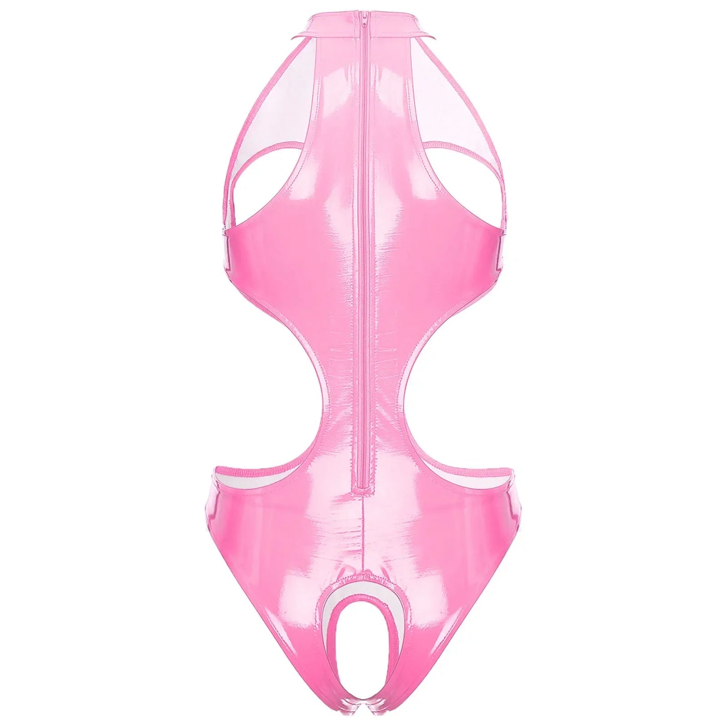 Womens Wet Look Faux Leather Hollow Out Open Breast Leotard Bodysuit Halter Neck Crotchless Jumpsuit Lingerie Teddy Nightwear