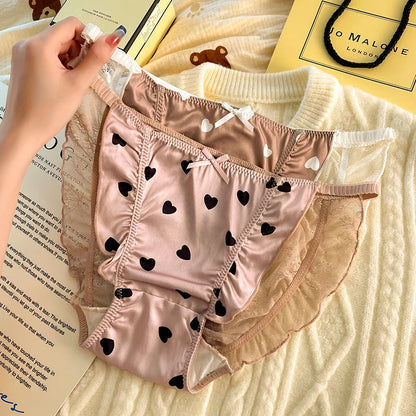 Sexy lingerie women Satin tangas lace ropa interior femenina sweet calzones para mujer plus size panties heart underwear women