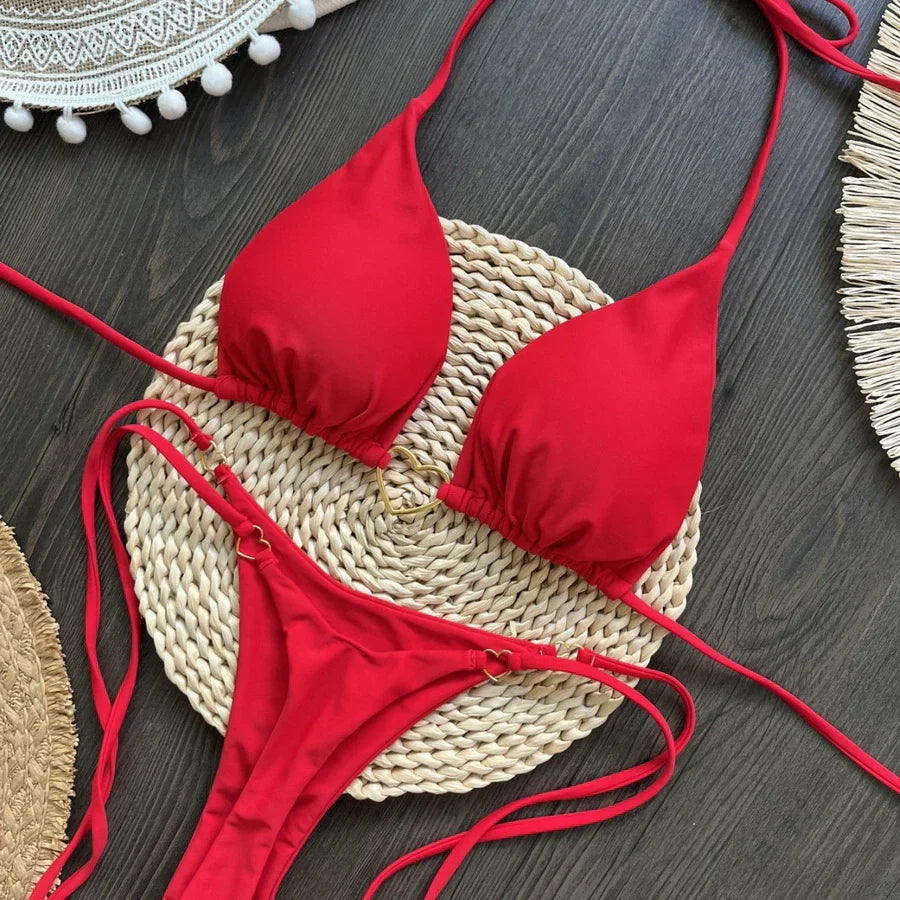Para Praia 6 Colors Solid Brazilian Bikini Micro Swimwear T-back Swimsuit Women Sexy Biquini 2025 Thong Bikini Set Bathing Suit