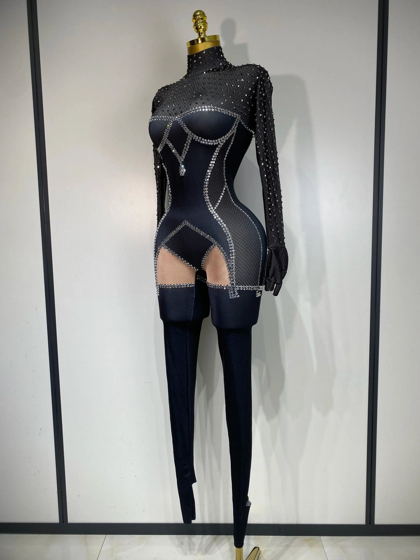 STOCK Sparkly Diamond Women Sexy Mesh Jumpsuit Nightclub Bar Party Show Gogo Dancer Clothing Drag Queen Outfit Stage Costume