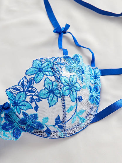 Floral Embroidery Transparent Mesh Bra Brief Sets Ultra Thin Straps Flowers Lace Sexy Lingerie Half Cup Woman Underwear 2025