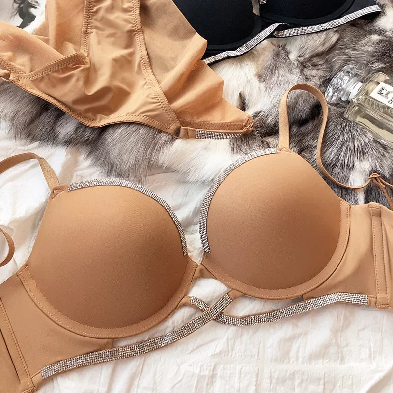 2 Pieces Sexy Underwear Set for Women Classic Cross Hollow Bra Sparkle Rhinestones Lingerie Deep V Push Up Brassiere Set