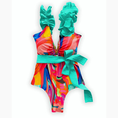 2025 New Sexy V-Neck One Piece Swimsuit Belt Swimwear Women Ruffle Monokini Push Up Swim Suit Colorful Bathing Suit Female Beach