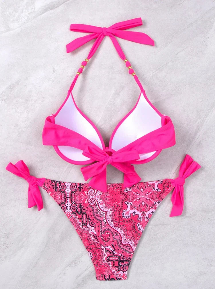 2025 Summer Sexy Print Two-Piece Bikini Women's Halter Swimwear Bandage Backless Swimsuit Tight Push Up Beach Party Bathing Suit