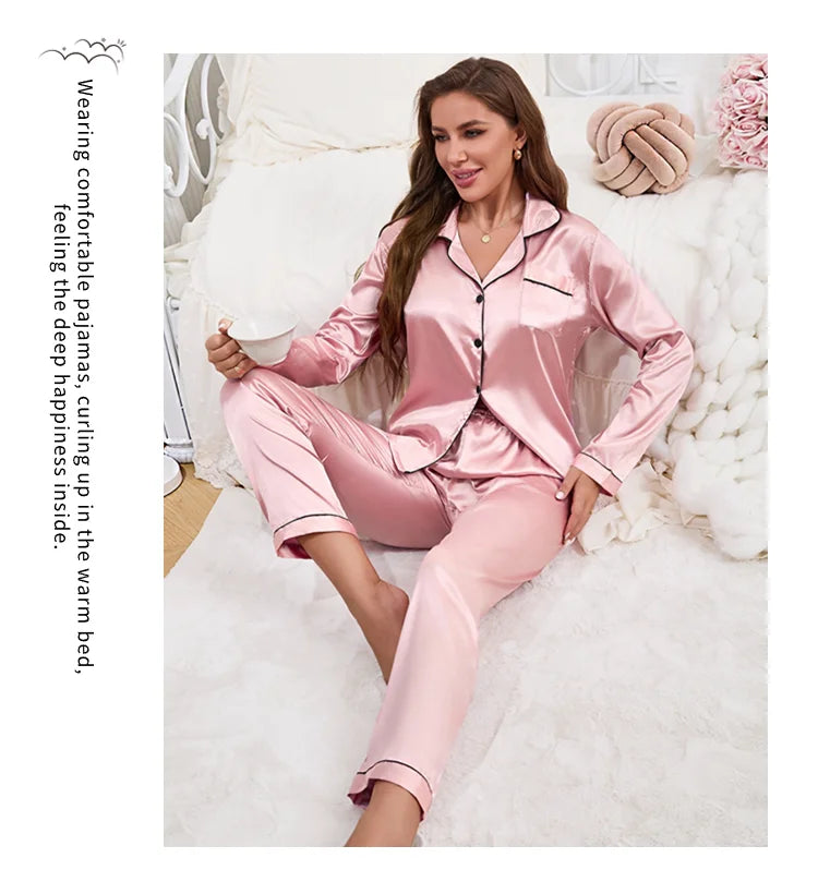Women's Pajama Set Silk Sleepwear Suit Loungewear Pj Set Satin Long Sleeve Tops With Pants 2 Pieces Pjs Pajamas for Women Pyjama
