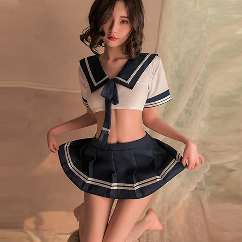 Sexy Lingerie Hot Erotic Apparel Babydoll Underwear Women's Nightdress Porn Dress cosplay Costumes Student Skirt two pieces set