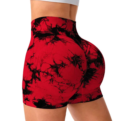 2pcs Women's High-Waist Tie-Dye Yoga Shorts - Seamless, Booty Lifting, Stretchy Nylon & Spandex Blend, Red & Grey