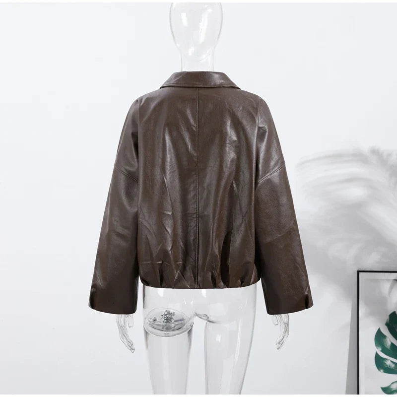 Street Stand Collar Women's Leather Jacket Loose Long Sleeve Zipper Pockets Chic Female Coats 2025 Autumn Winter Lady Outerwear