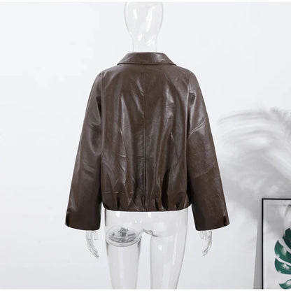 Street Stand Collar Women's Leather Jacket Loose Long Sleeve Zipper Pockets Chic Female Coats 2025 Autumn Winter Lady Outerwear
