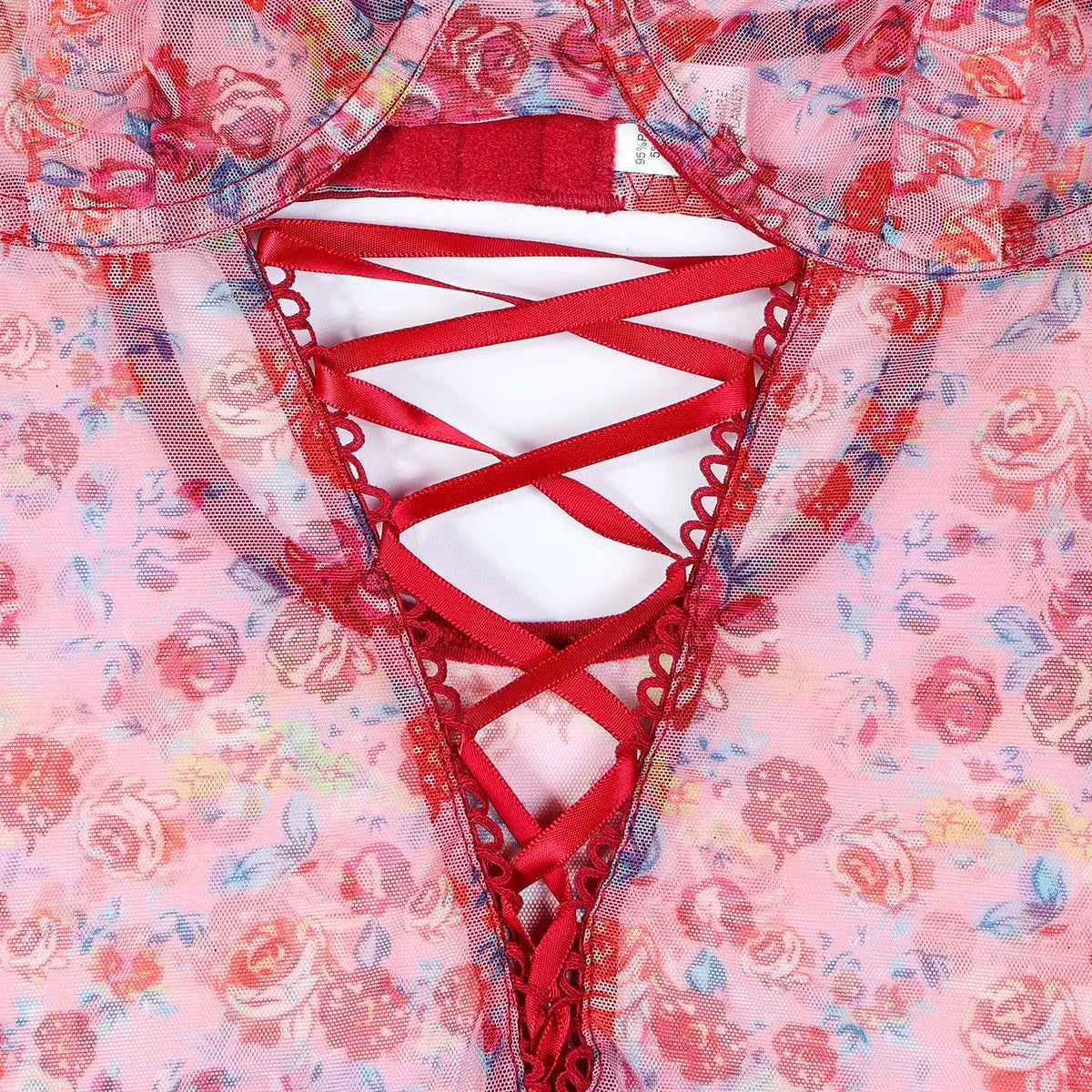 SINGREINY Hotsweet Print Gauze Bodysuit Ruffles Hollow Out Bandage Slim Open Crotch Thin Rompers Female Sexy NightwearPlaysuits