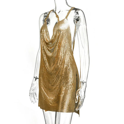Women's 90s Rave Glitter V-Neck Lace-Up Sequin Mini Dress Y2K Clubwear Sexy Backless Bodycon with Metal Detail for Party
