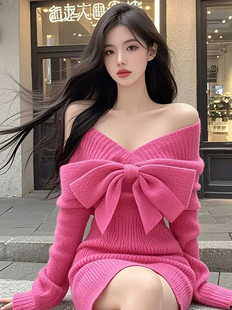 Elegant Party Dresses Rose Red V-neck Bow Long-sleeved Knitted Dress Autumn  Winter Waist-wrapped Short Sexy Dresses for Women