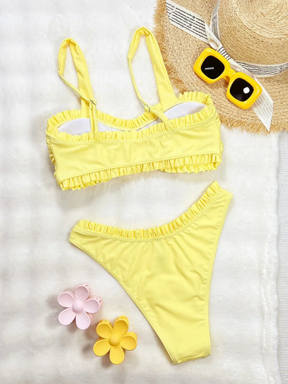 Vigoashely 2025 Sexy Ruffle Bikini Set Strapped Push UP Swimsuit High Cut Verge Swimwear Women Backless Yellow Bathing Suit