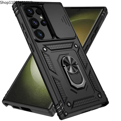 Stand Rotating Slide Camera Lens Military Grade Armor Case For Samsung S25 S24 S23 S22 S21 FE S20 Plus Note 20 Ultra M53 M33
