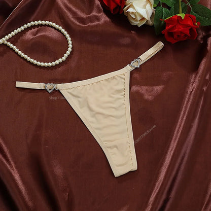Women Sexy Solid Thong Underwear Stretch Comfort Low Rise Heart Rhinestone Link Panties Ladies Sexy Costume Lingerie for Women