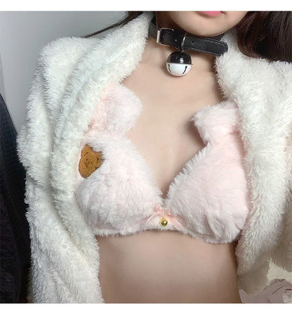 Cute Bear Underwear Winter Plush Cartoon Comfortable Bra & Brief Sets Women's Intimates Thermal Bra Gathers Sleepwear Lingerie