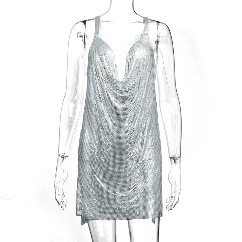 Women's 90s Rave Glitter V-Neck Lace-Up Sequin Mini Dress Y2K Clubwear Sexy Backless Bodycon with Metal Detail for Party