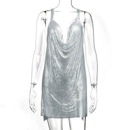 Women's 90s Rave Glitter V-Neck Lace-Up Sequin Mini Dress Y2K Clubwear Sexy Backless Bodycon with Metal Detail for Party