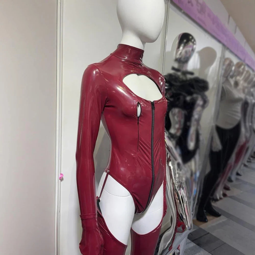 3PCS/SET Wet Look PVC Cosplay Outfit Catusit Shiny PU Leather Zipper Bust Open Crotch Bodysuit Tight Sexy Body Teddies Stockings
