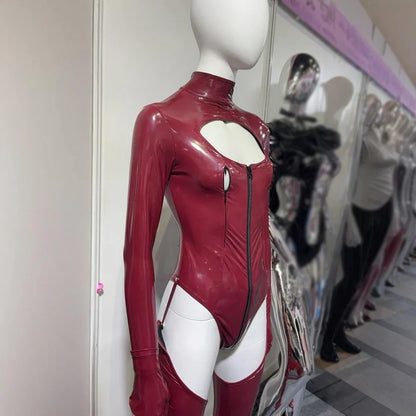 3PCS/SET Wet Look PVC Cosplay Outfit Catusit Shiny PU Leather Zipper Bust Open Crotch Bodysuit Tight Sexy Body Teddies Stockings