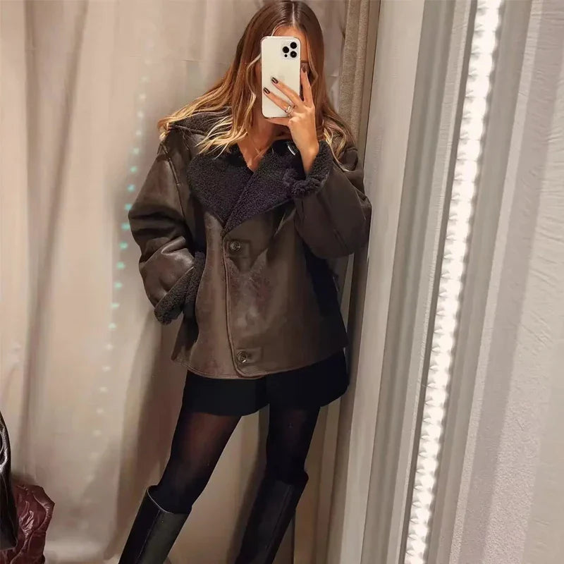 MUJER Faux Leather Jackets for Women Winter Warm Bomber Jacket Woman Long Sleeve Womens Coats Plush Oversized Women's Jackets