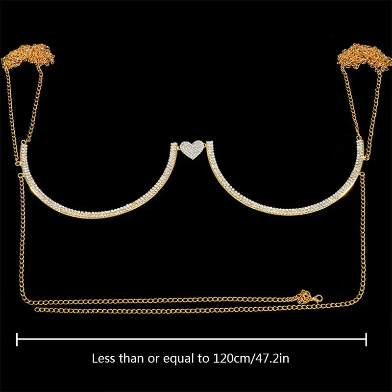 Stonefans Heart Rhinestone Chest Bracket Body Jewelry Bra Chain For Women Chain Top Bikini Halter Bra New Banquet Breast Support