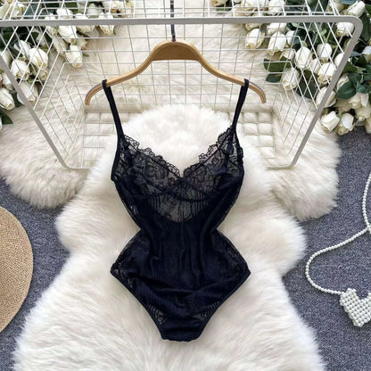 Sexy Lace Gauze Patchwork Strap Bodysuit Hollow Sleeveless Slim backless Women Erotic Lingerie Hotsweet Bow Night Maid Cosplay