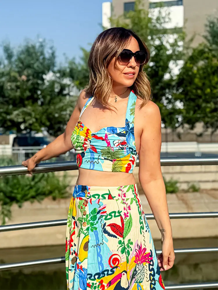HH Women 2 Piece Set Sexy Sleeveless Backless Print Buttons Mini Sling Top+Elegant High Waist Buttons Beach Midi Skirt