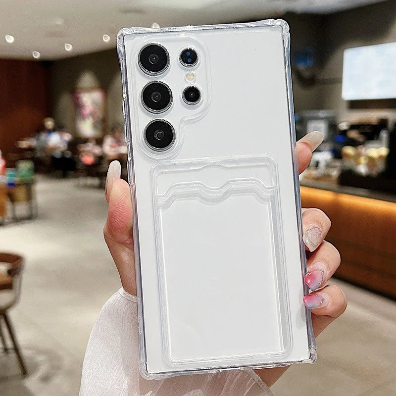 Luxury Card Pocket Silicone Soft Case For Samsung Galaxy S25 S24 S23 S21 FE S22 Ultra Plus Card Bag Clear Shockproof Fundas