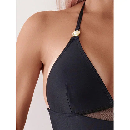 Vigoashely 2025 Lady Solid Halter Swimwear Women Sexy Mesh Patchwork One Piece Swimsuit Monokini Brazilian Beach Bathing Suit