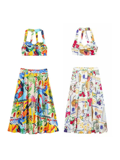 HH Women 2 Piece Set Sexy Sleeveless Backless Print Buttons Mini Sling Top+Elegant High Waist Buttons Beach Midi Skirt