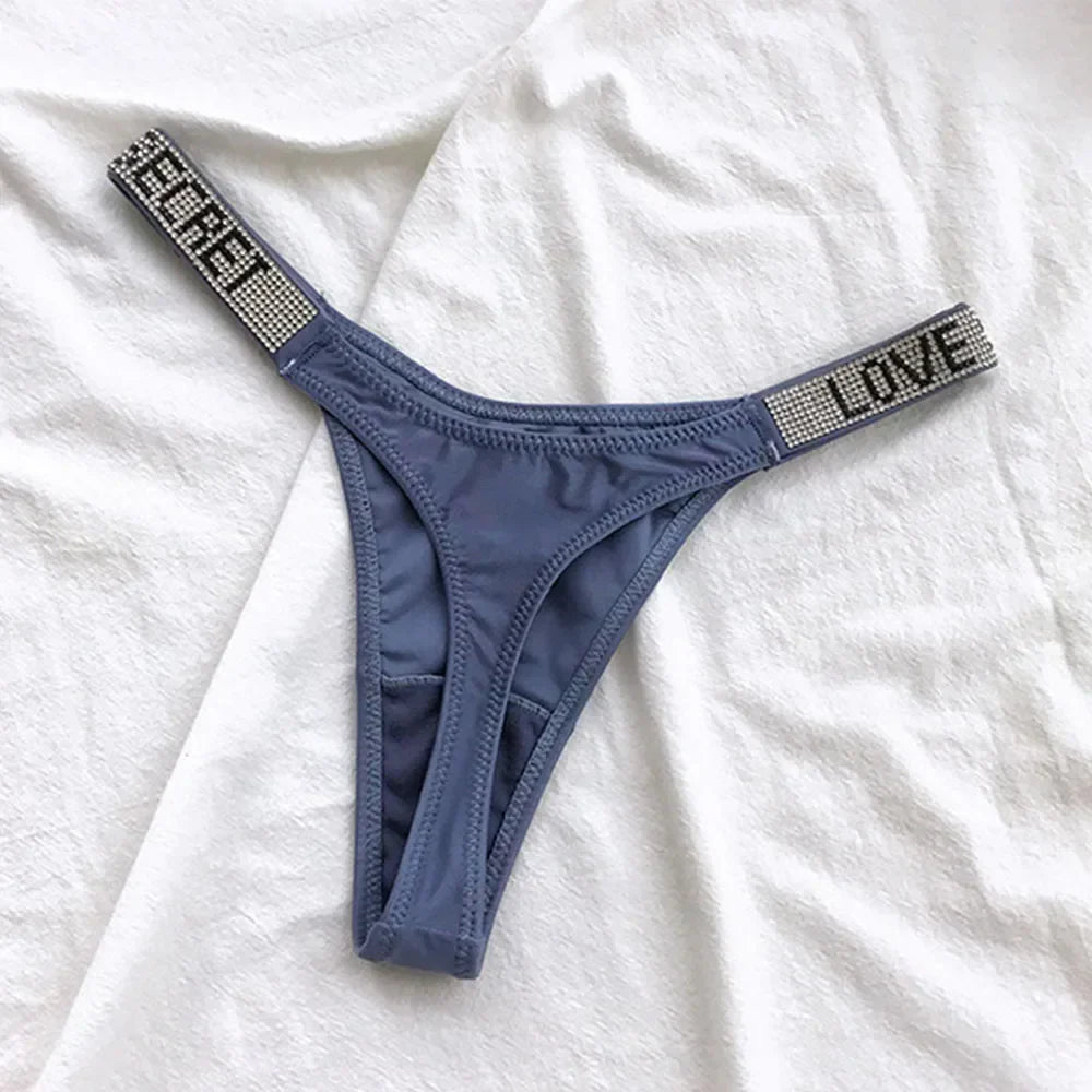 Sexy Triangle Fitness Sports With Letter Low Rise Briefs Sexy T-Back G-string Women Panties Rhinestone Thong