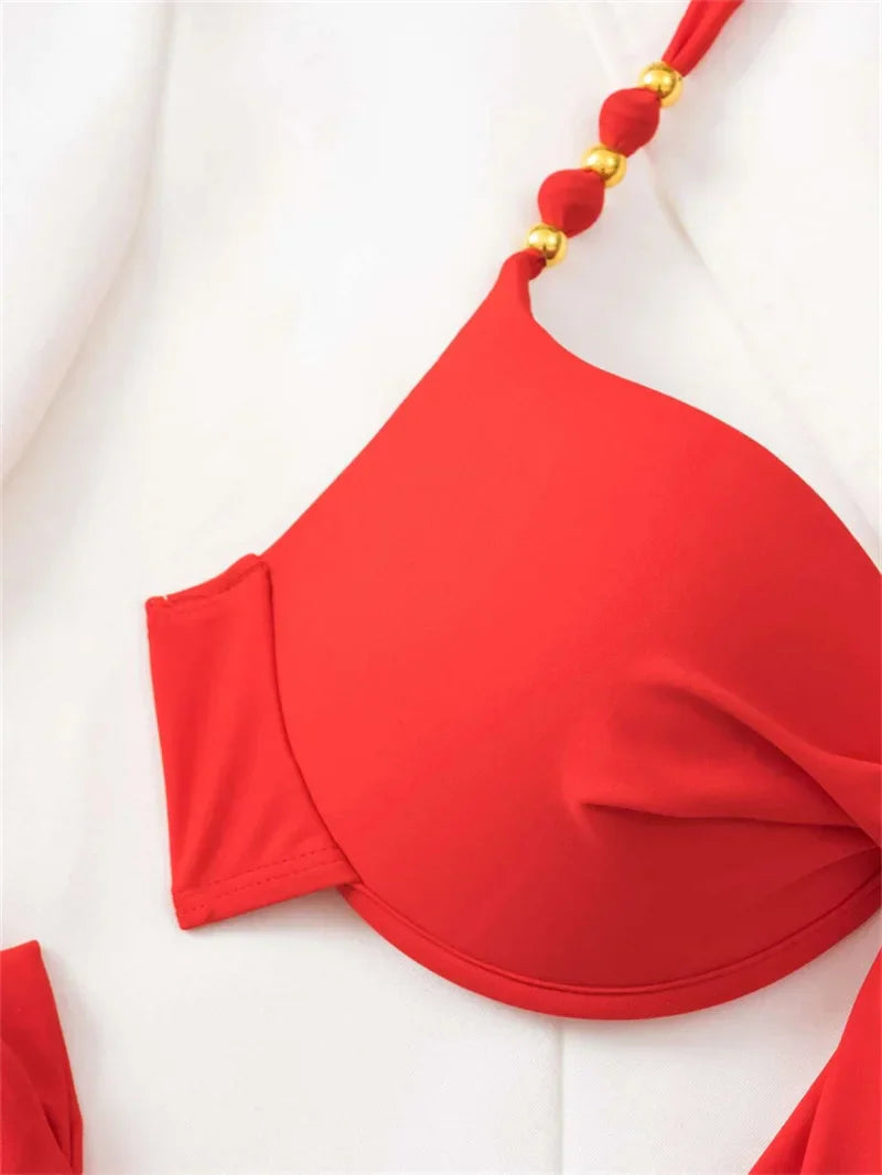 Summer Bikini New Underwired Bra Push Up Swimsuit Women Chest Knot Bow Bathing Suit Outfits Ties Swimwear Women Swimming Suit XL
