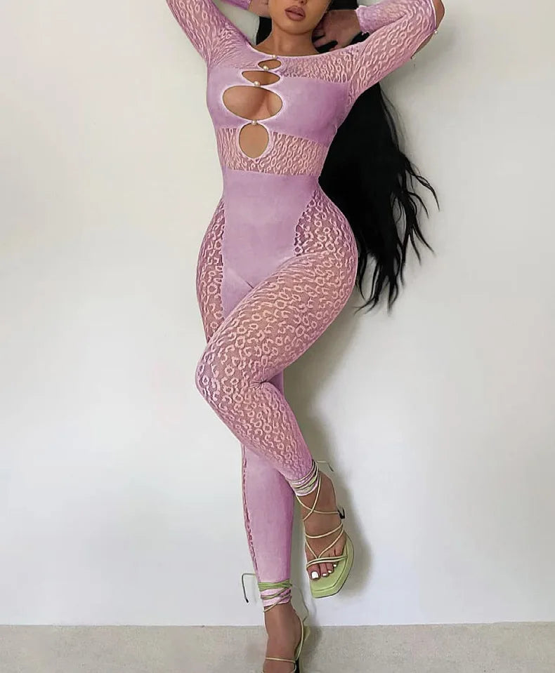Viral Cheetah Bodysuit Pearl Embellished Mesh Lingerie Seductive Jacquard Catsuit for Women Flirtatious See Through Outfit