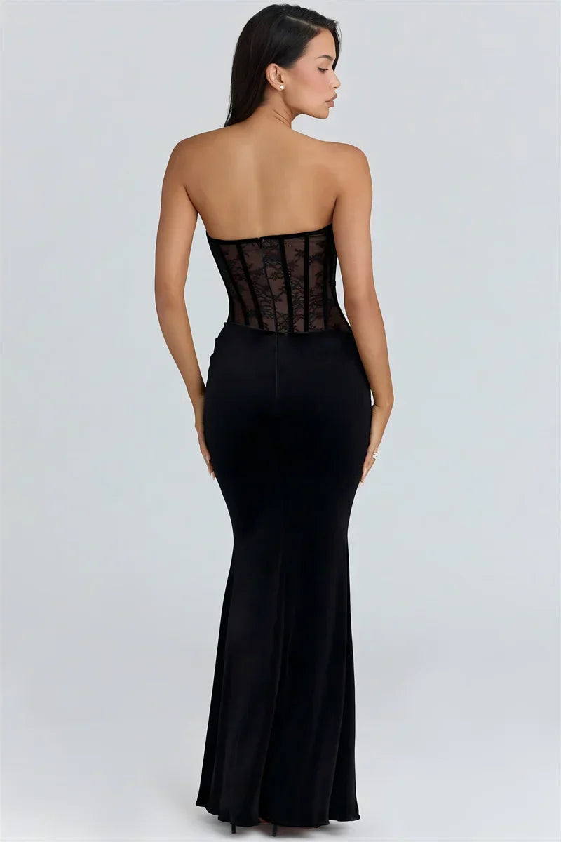 Mozision Long Sleeve Backless Sexy Maxi Dress Women Gown Elegant Lace Print Off-shoulder High Waist Ruched Bodycon Club Dresses