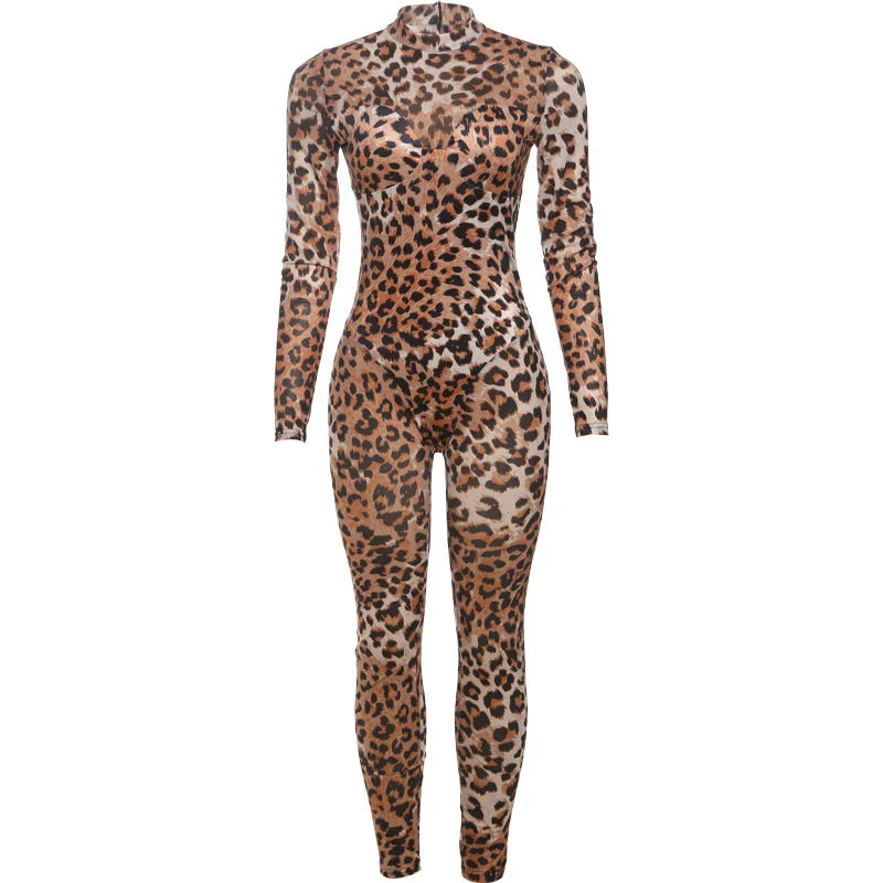 Sisterlinda Popular Leopard Jumpsuits Sexy Mesh Thin Full Sleeve Round Neck Skinny Overalls Female Classic Attractive One Piece