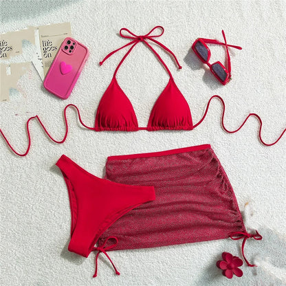 Solid Brown Swimwears String Halter Triangle 3 Piece Bikini Set Sexy Swimsuit Women 2025 Mesh Skirts Bathing Suit Bikinis Dames