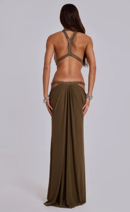 Women Sexy Hollow Out Sequin Halter Maxi Dresses Fashion Pleated Backless Sleeveless Slim Dress Chic New Lady Evening Party Gown