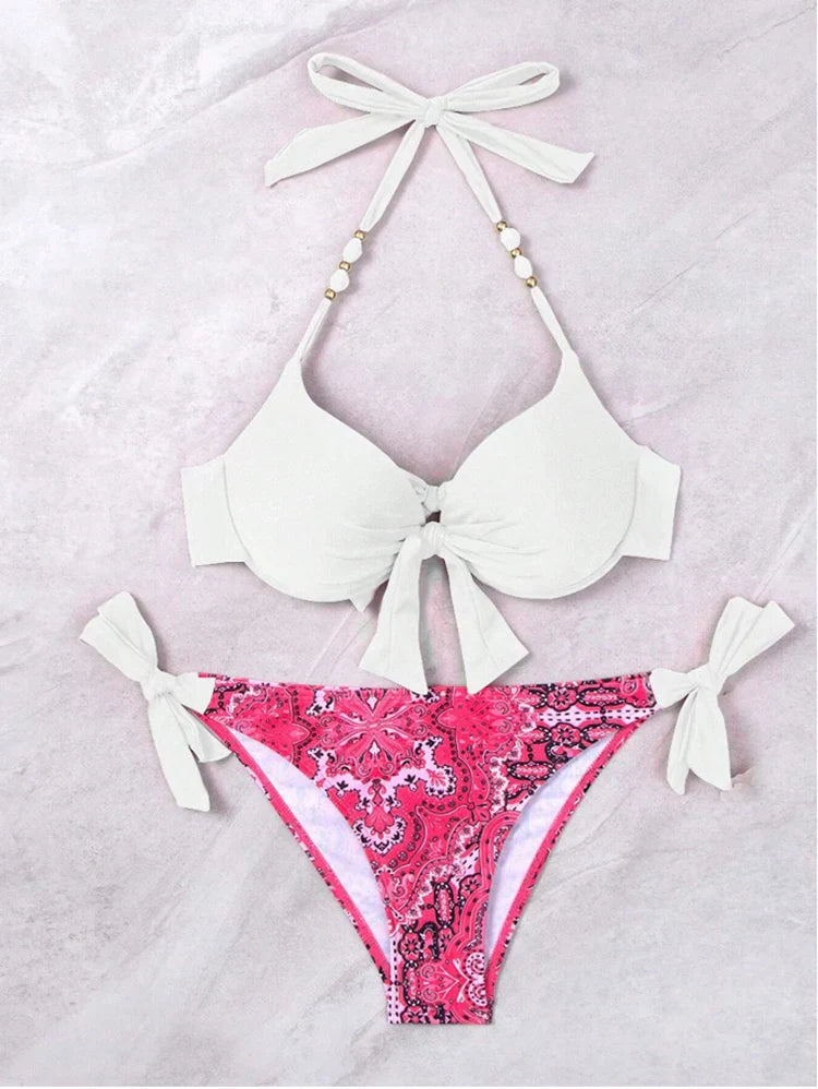 2025 Summer Sexy Print Two-Piece Bikini Women's Halter Swimwear Bandage Backless Swimsuit Tight Push Up Beach Party Bathing Suit