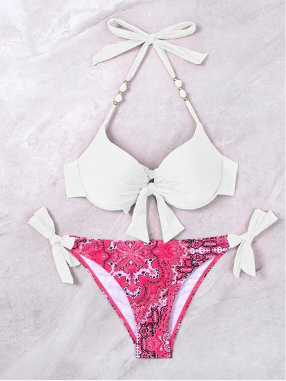 2025 Summer Sexy Print Two-Piece Bikini Women's Halter Swimwear Bandage Backless Swimsuit Tight Push Up Beach Party Bathing Suit