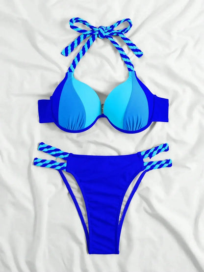 2026 New Bikini Swimsuit Women's Split Solid Color Sexy Belt Steel Tray Bikini Swimsuit