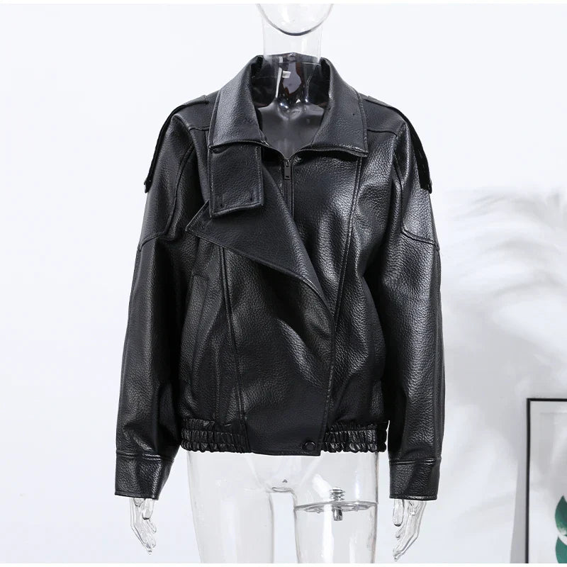 Street Stand Collar Women's Leather Jacket Loose Long Sleeve Zipper Pockets Chic Female Coats 2025 Autumn Winter Lady Outerwear