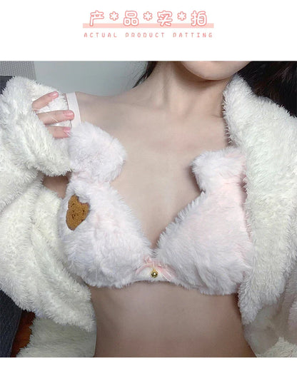 Cute Bear Underwear Winter Plush Cartoon Comfortable Bra & Brief Sets Women's Intimates Thermal Bra Gathers Sleepwear Lingerie